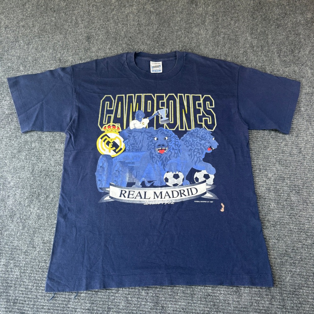 Vintage 1997 Real Madrid Campeones Screen Stars T-Shirt Navy Blue Mens Large